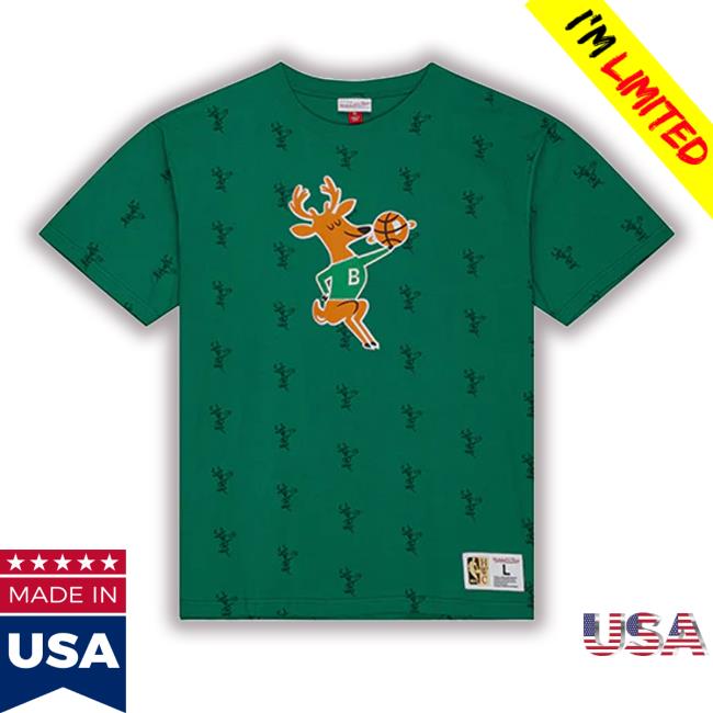 Official Mitchell & Ness '68 Aop Green Milwaukee Bucks Tee Shirt