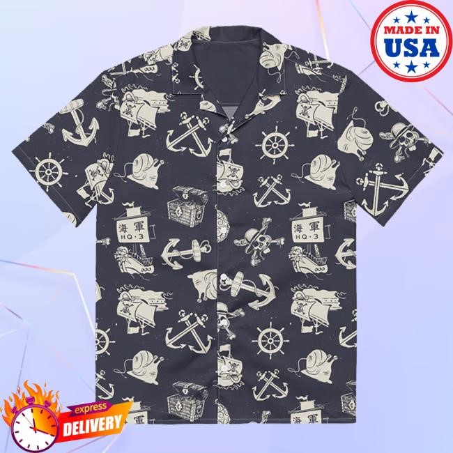 Official Netflix Merch One Piece Sea Pattern Button Front Shirt - Navy Long Sleeve Shirt