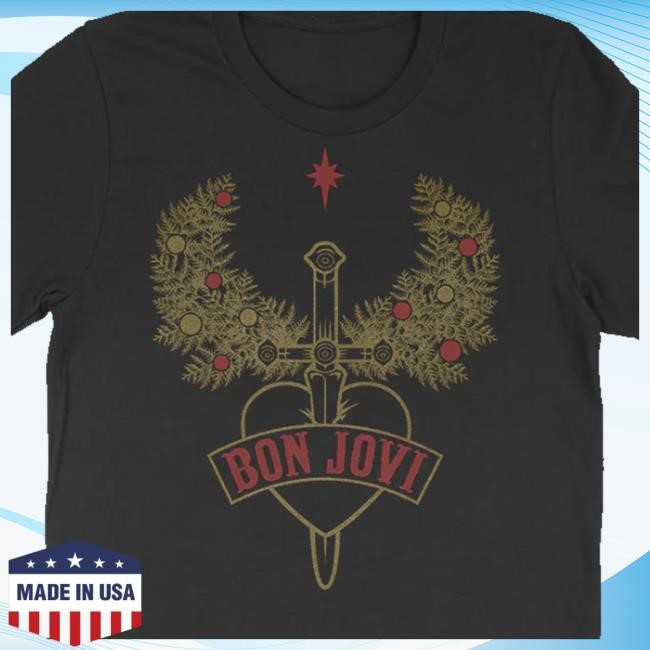 Bon Jovi Merch Shop Heart & Dagger Holiday Wreath Black Tee Shirt