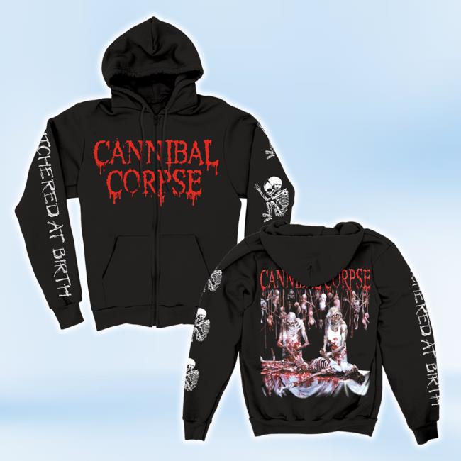 Trending Cannibal Corpse Merch Store Butchered At Birth Sleeve Print Zip Up T-Shirt (Black Cannibalcorpse Shop