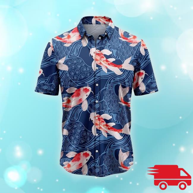 Official Aquarium Fish Hawaiian Shirts- Japanese Carp Casual Button Down Hooded Sweatshirt