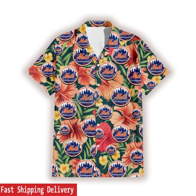 New York Mets Orange Red Hibiscus Green Leaf Dark Background 3D Hawaiian Shirt
