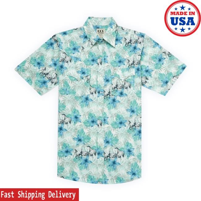 Official Hisdern Store Ely Cattleman Men's Horse Print Hawaiian Short Sleeve Snap T-Shirt