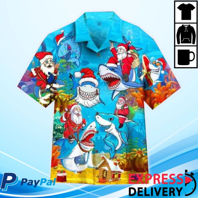 Official High Quality Hawaiian Hoodie Christmas Santa Shark Santa Sled Brings Gifts To Ocean