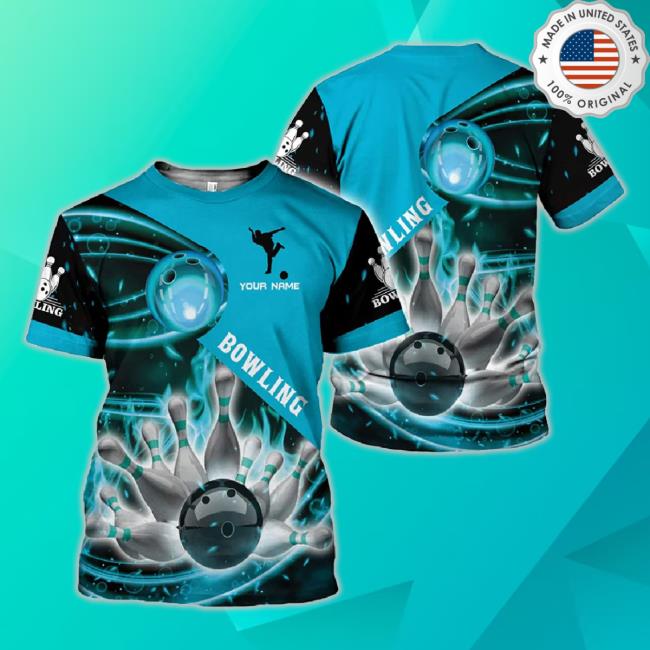 Personalized Name Bowling Light Blue 3D Shirt, Black Bowling Ball Crashing Pins Custom Name Bowling 3D Sweatshirt Bowling Bowler Gift