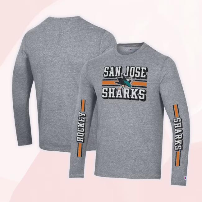 Official San Jose Sharks Champion Tri-Blend Dual-Stripe Hoodie Sweatshirt - Heather Gray