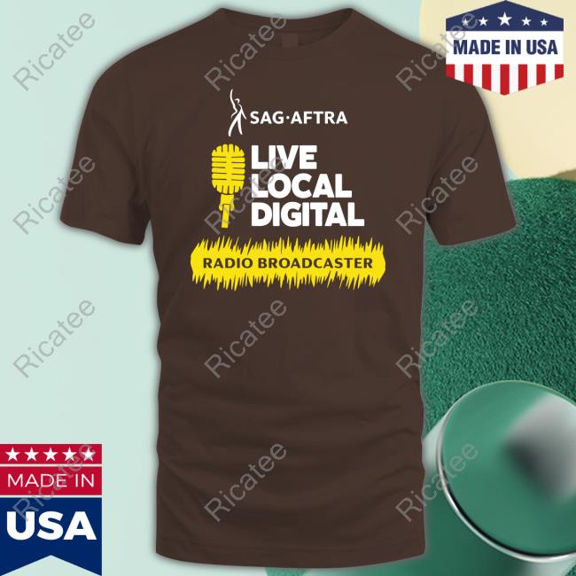 Carolyn Dunbar Wearing Sag-Aftra Live Local Digital Radio Broadcaster Tee