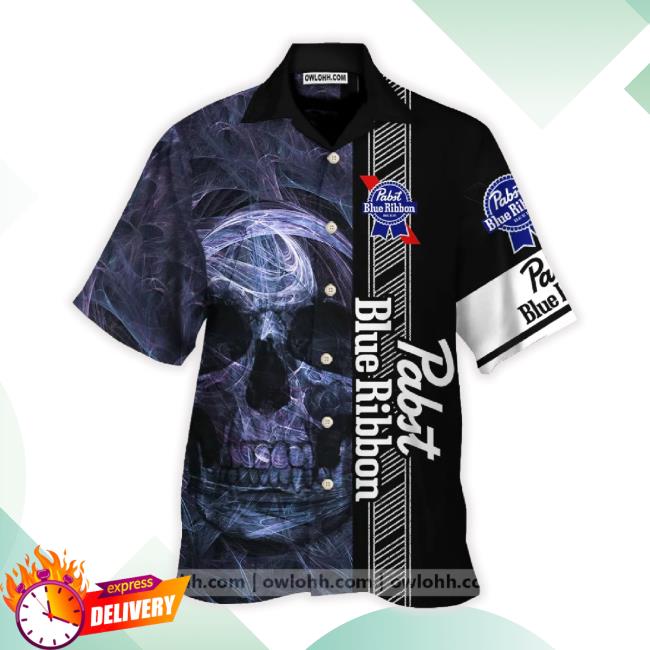 Pabst Blue Ribbon Smoky Blue Skull All Over Print 3D Aloha Summer Beach Hawaiian Long Sleeve Tee