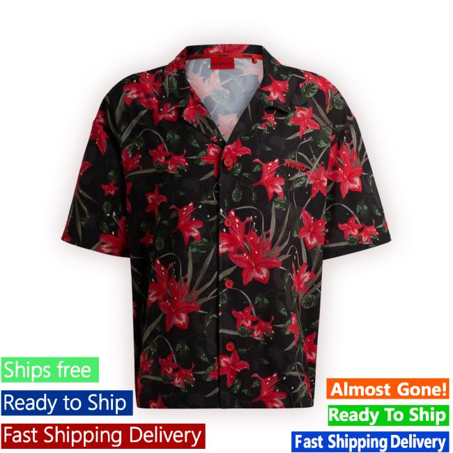 Official Hugoboss Relaxed-Fit Short-Sleeved Shirt In Printed Fabric T-Shirt