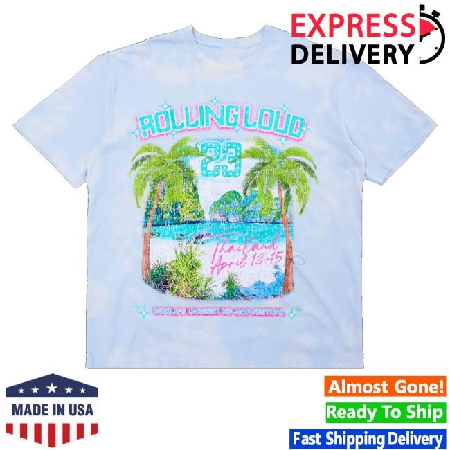 Official Rolling Loud Merch Rl Thailand Shaded Palms Blue Tiedye Tee Trending Rolling Loud Merch Rl Thailand Shaded Palms Blue Tiedye Hoodie Sweatshirt