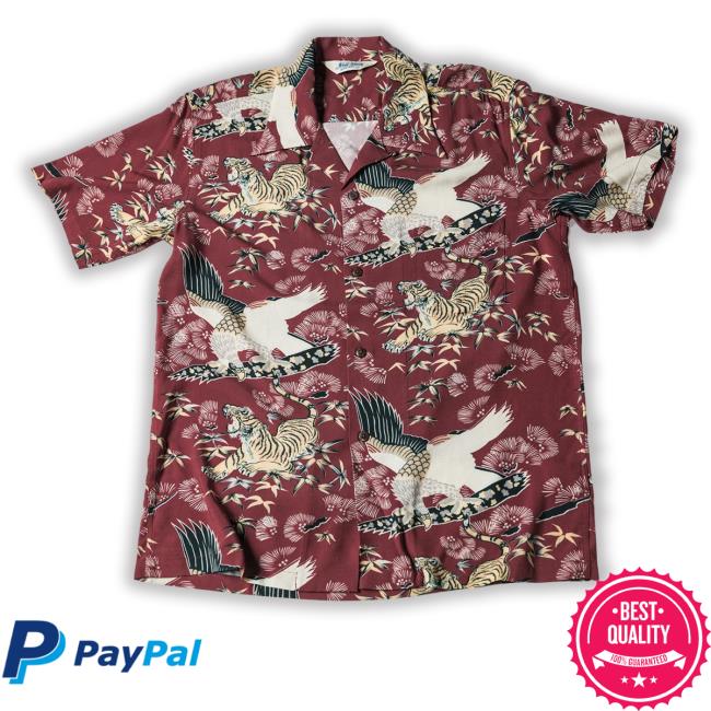 Ukiyo-E Tiger & Crane Pattern Aloha-Wine Red T Shirts