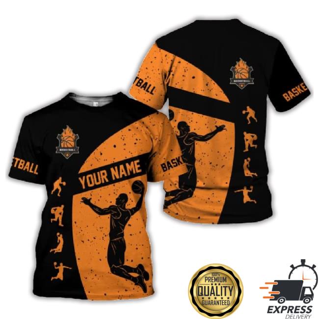 Personalized Basketball Orange And Black 3D All Over Print Kids Shirt, Custom Basketball 3D T-Shirt With Name, Basketball Youth Tee Shirt Basketball Players Gift
