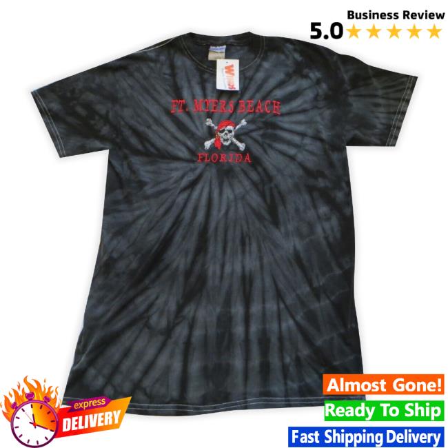 New Fort Myers Beach Florida Embroidered Pirate Skull Black Tie Dye Hoodie Sweatshirt Medium
