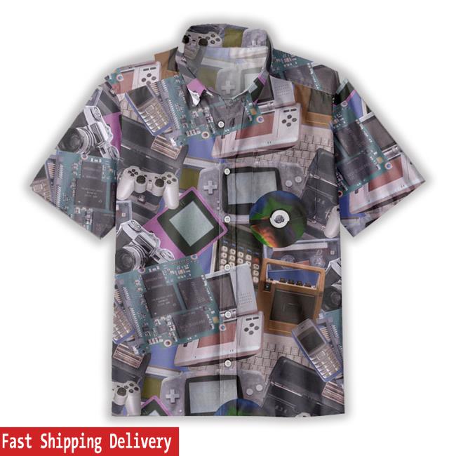 Retro Gaming Consoles And Tech Gadgets Button Up Pocket T Shirt